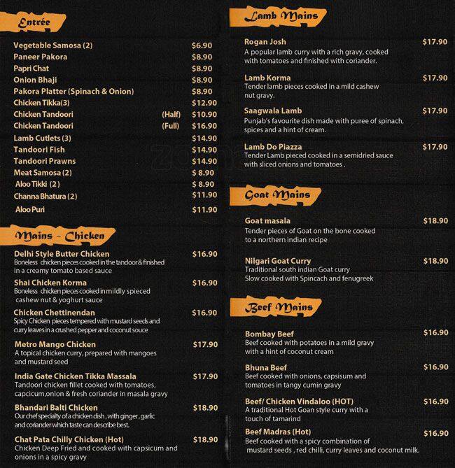 Telopea Tandoori menu, Menu restauracji Telopea Tandoori, Oatlands