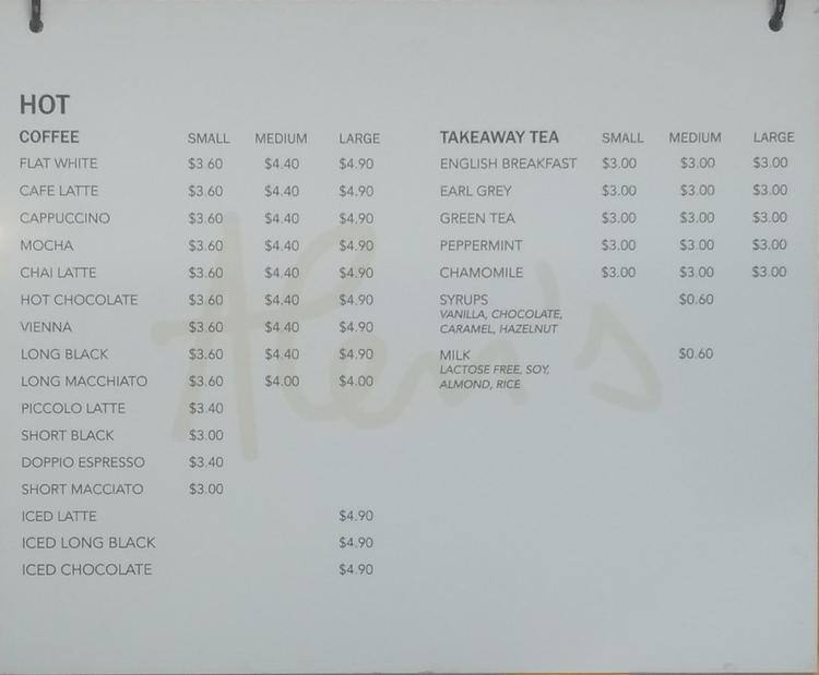 Menu at Alen's Espresso restaurant, Brisbane City