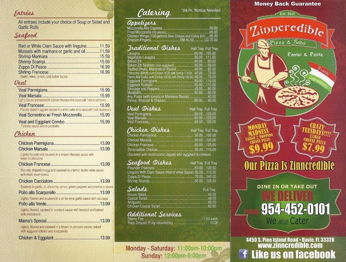 Menu at Zinncredible Pizza pizzeria, Davie