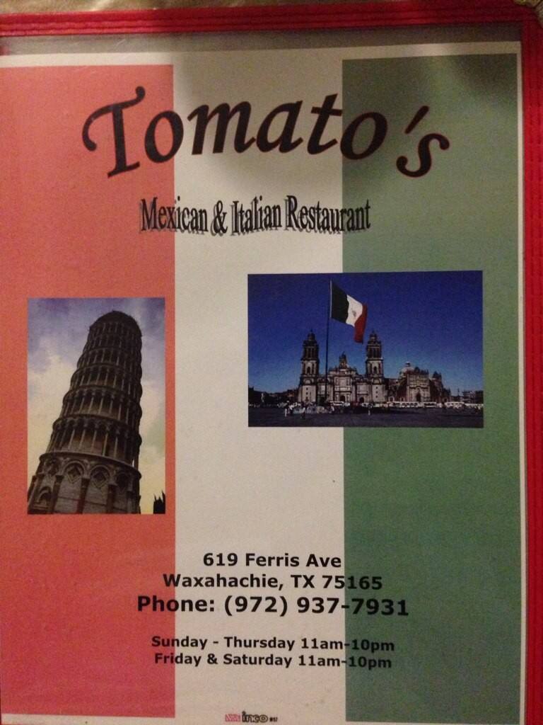 Menu at Tomato's restaurant, Waxahachie