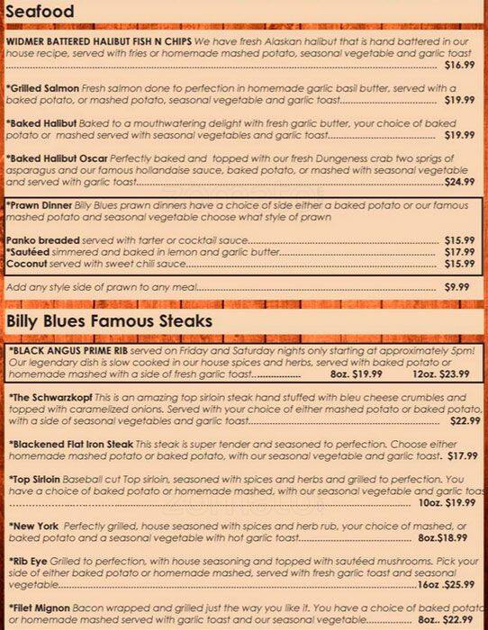 Menu at Billy Blues Bar and Grill, Vancouver