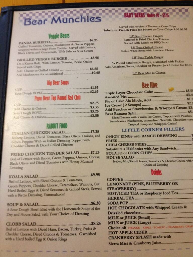 Menu at Hungry Bear restaurant, Woodland Park