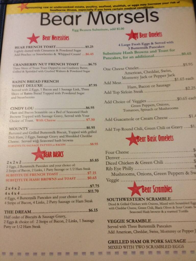 Menu at Hungry Bear restaurant, Woodland Park