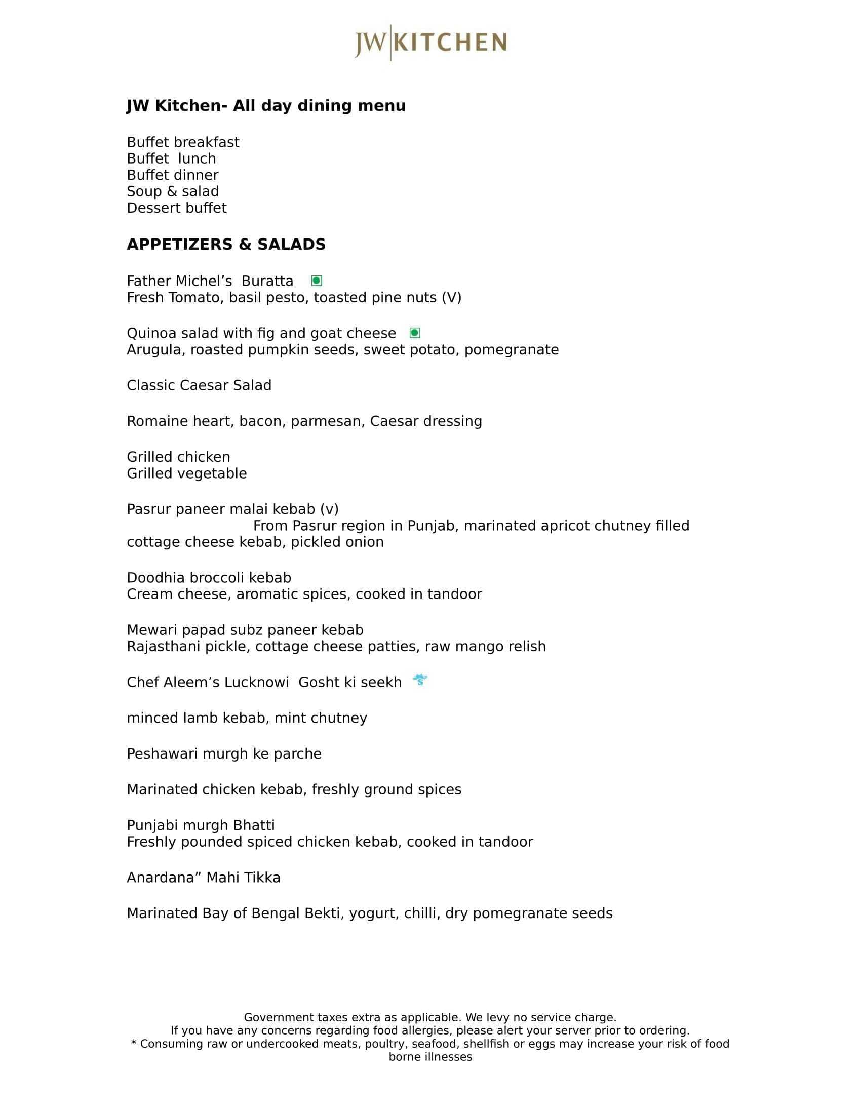 JW Kitchen JW Marriott Hotel Kolkata Menu Zomato