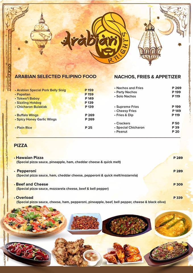 Vector eastern dishes of lamb skewers, baked chicken biriyani or kunafa and stuffed potatoes with meat, maskuf or pea hummus and shortbread with sweet dumplings Arabian Cuisine Menu - Arabian Knights Menu Menu For Arabian Knights Novaliches Quezon City
