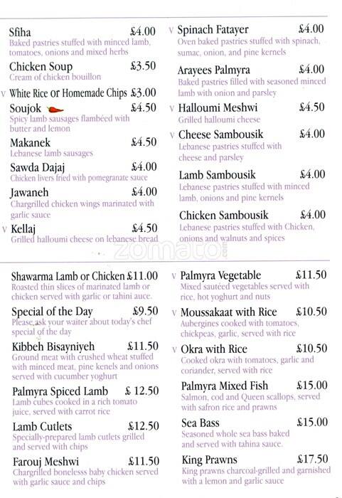 Palmyra Restaurant menu