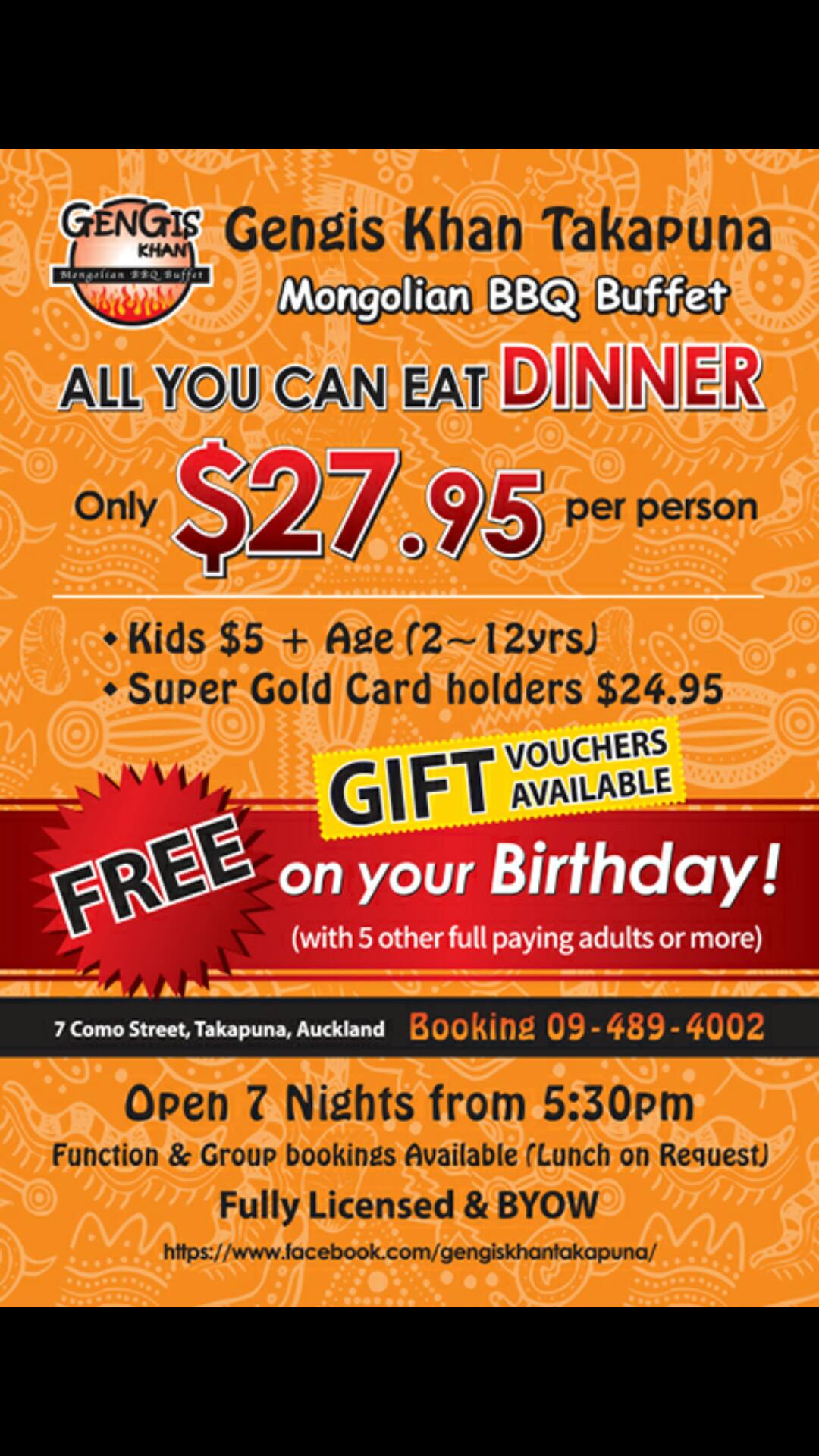 Gengis Khan Menu, Menu for Gengis Khan, Takapuna, Auckland Menumania