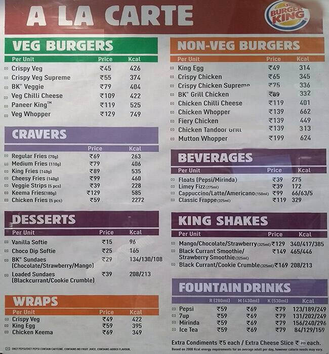Menu at Burger King, Jaipur, JDA Central Market Matoria Plaza