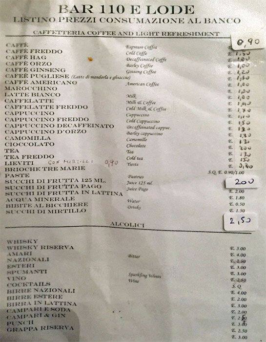 Menu di Bar 110 e Lode 