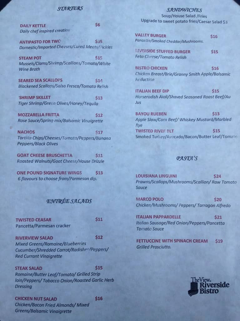 Menu at Riverside Bistro restaurant, Edmonton, 1 Thornton Ct NW