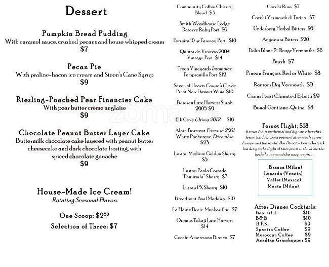 Acadia menu