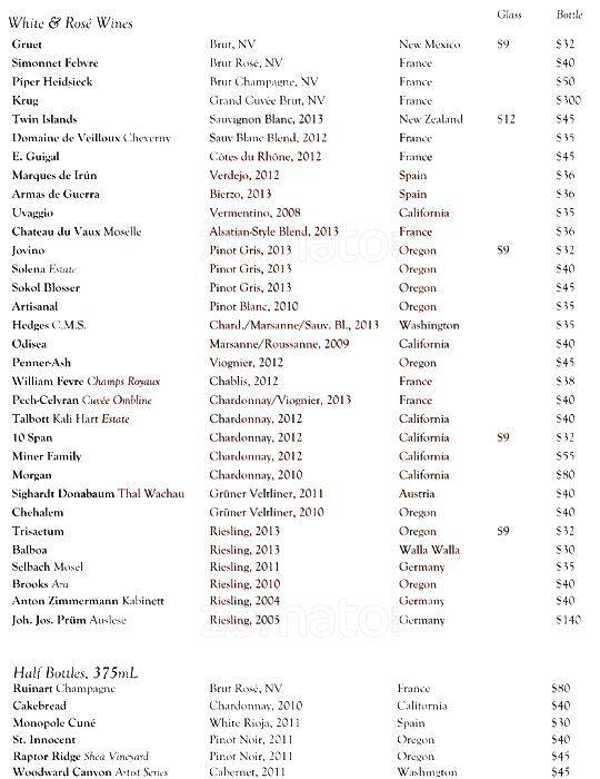 Acadia menu