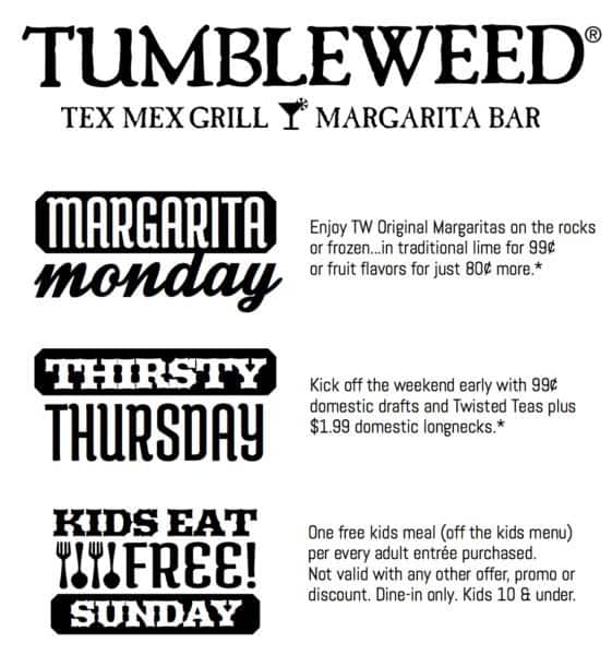 Tumbleweed Tex Mex Grill & Margarita Bar menu