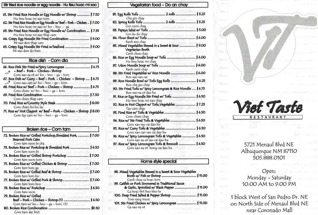 Menu at Viet Taste restaurant, Albuquerque, Menaul Blvd NE