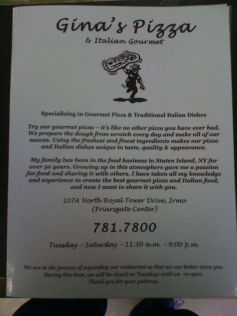 Gina's Pizza & Italian Gourmet Menu Urbanspoon/Zomato