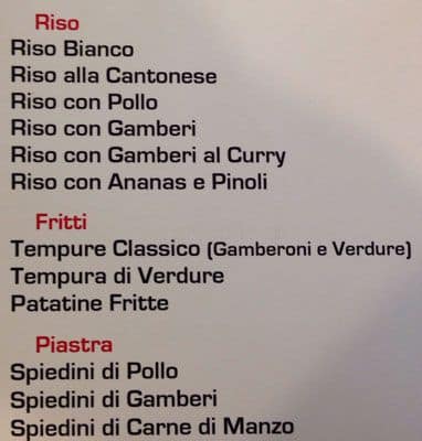 Menu di Ristorante Unico Cinese Giapponese Sudamericano 