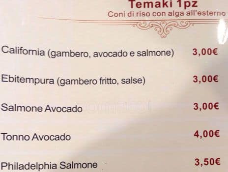 Menu di Ristorante Unico Cinese Giapponese Sudamericano 