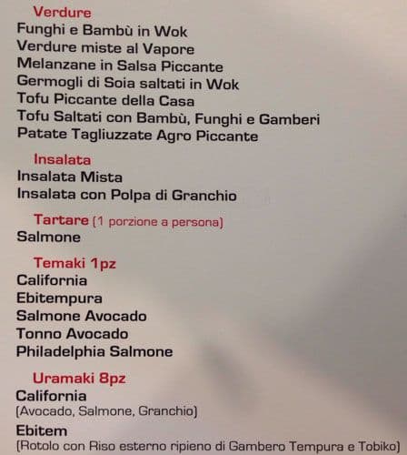 Menu di Ristorante Unico Cinese Giapponese Sudamericano 