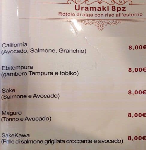 Menu di Ristorante Unico Cinese Giapponese Sudamericano 