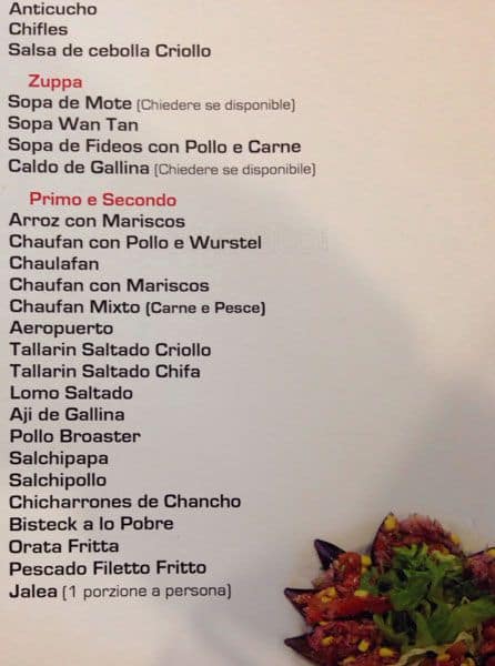 Menu di Ristorante Unico Cinese Giapponese Sudamericano 