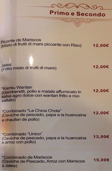 Menu di Ristorante Unico Cinese Giapponese Sudamericano 