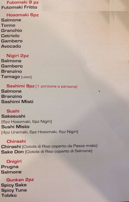 Menu di Ristorante Unico Cinese Giapponese Sudamericano 