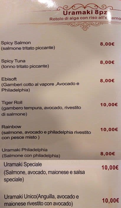 Menu di Ristorante Unico Cinese Giapponese Sudamericano 