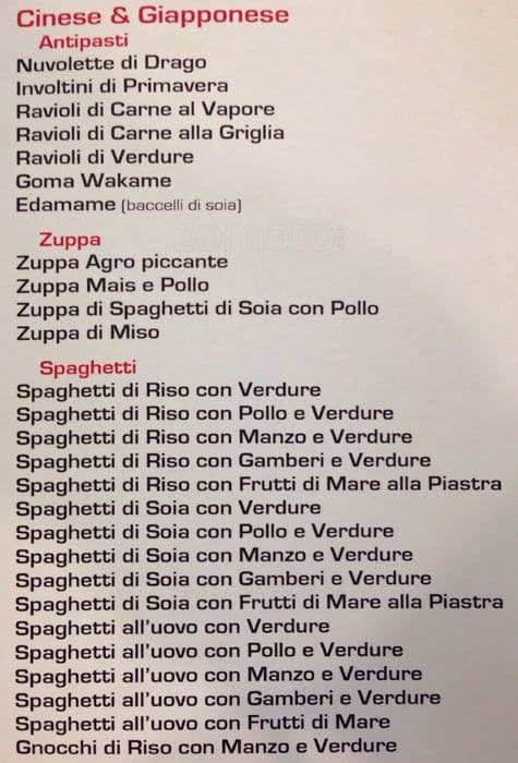 Menu di Ristorante Unico Cinese Giapponese Sudamericano 