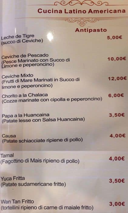 Menu di Ristorante Unico Cinese Giapponese Sudamericano 