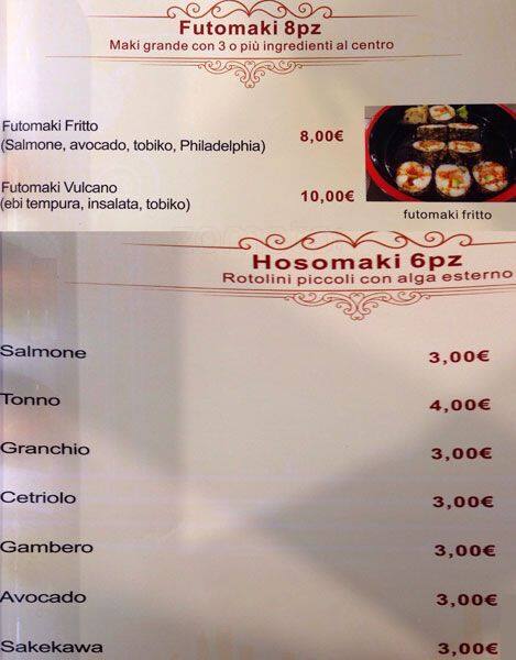 Menu di Ristorante Unico Cinese Giapponese Sudamericano 