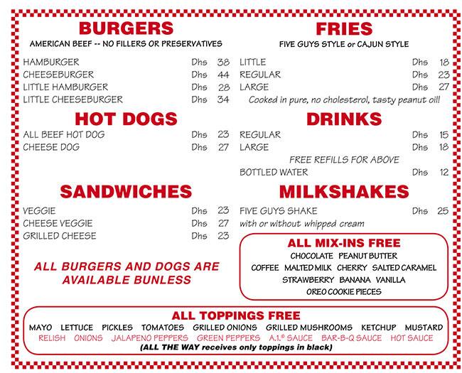 Five Guys Menu Menu For Five Guys Marina Village Abu