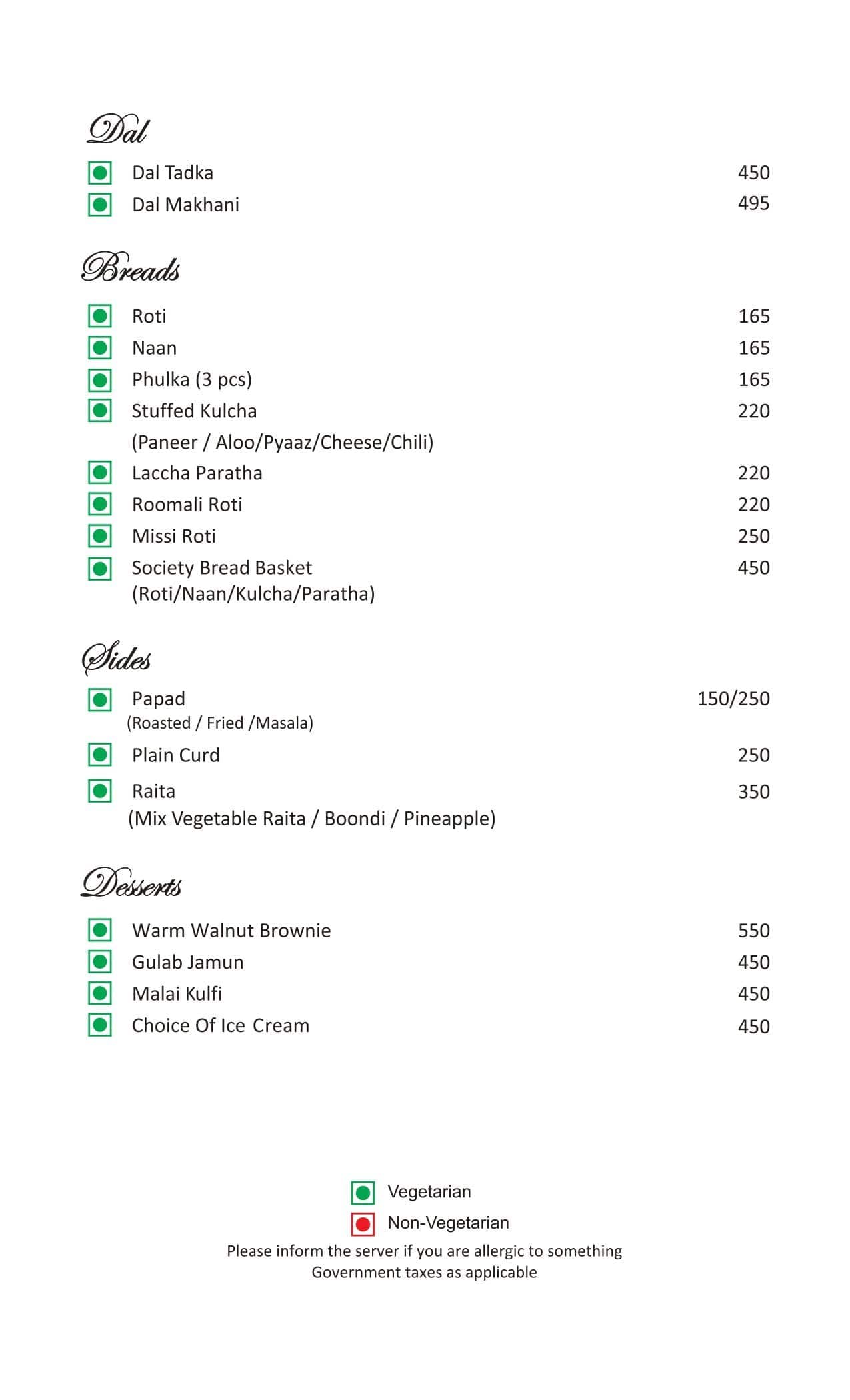 The Society menu