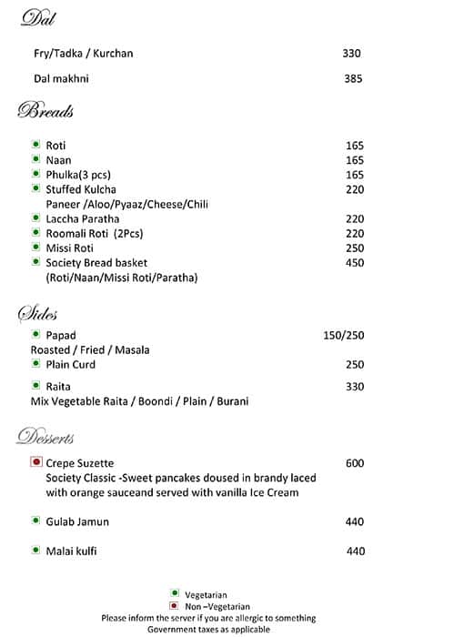 The Society menu