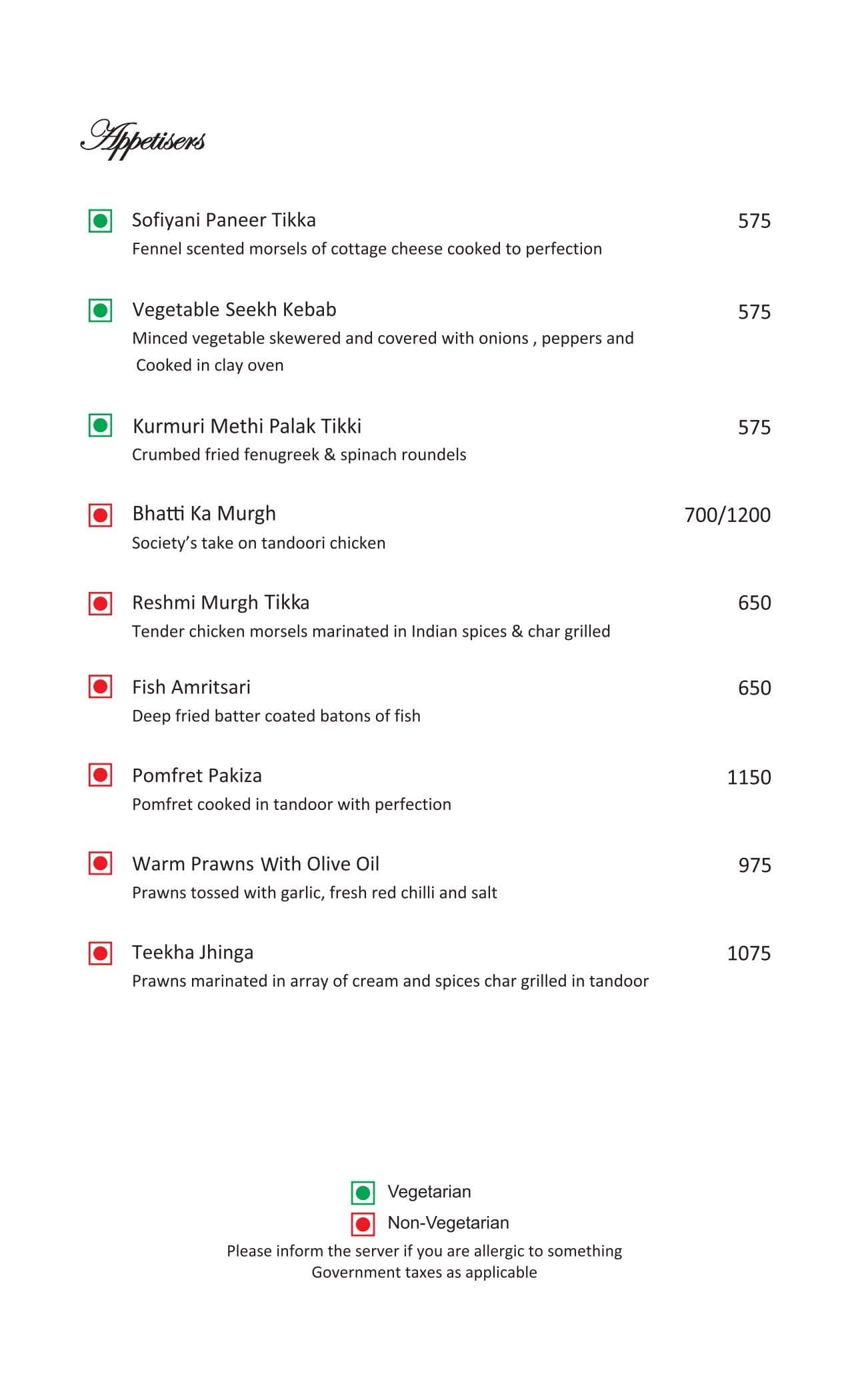 The Society menu