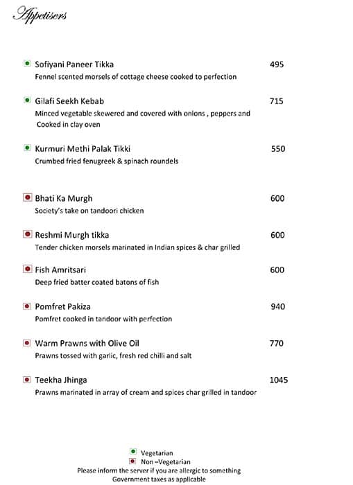 The Society menu