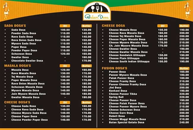 Balan Dosa menu