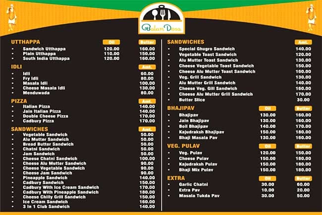 Balan Dosa menu