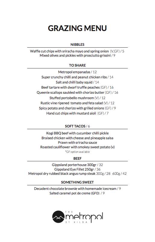 The Metropol Menu, Menu for The Metropol, St Kilda, Melbourne