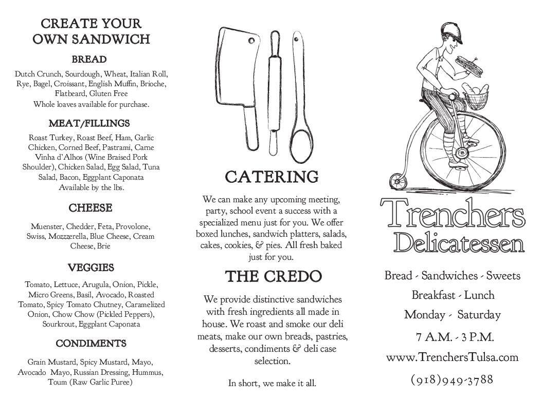 Trenchers Delicatessen menu, Menu restauracji Trenchers Delicatessen