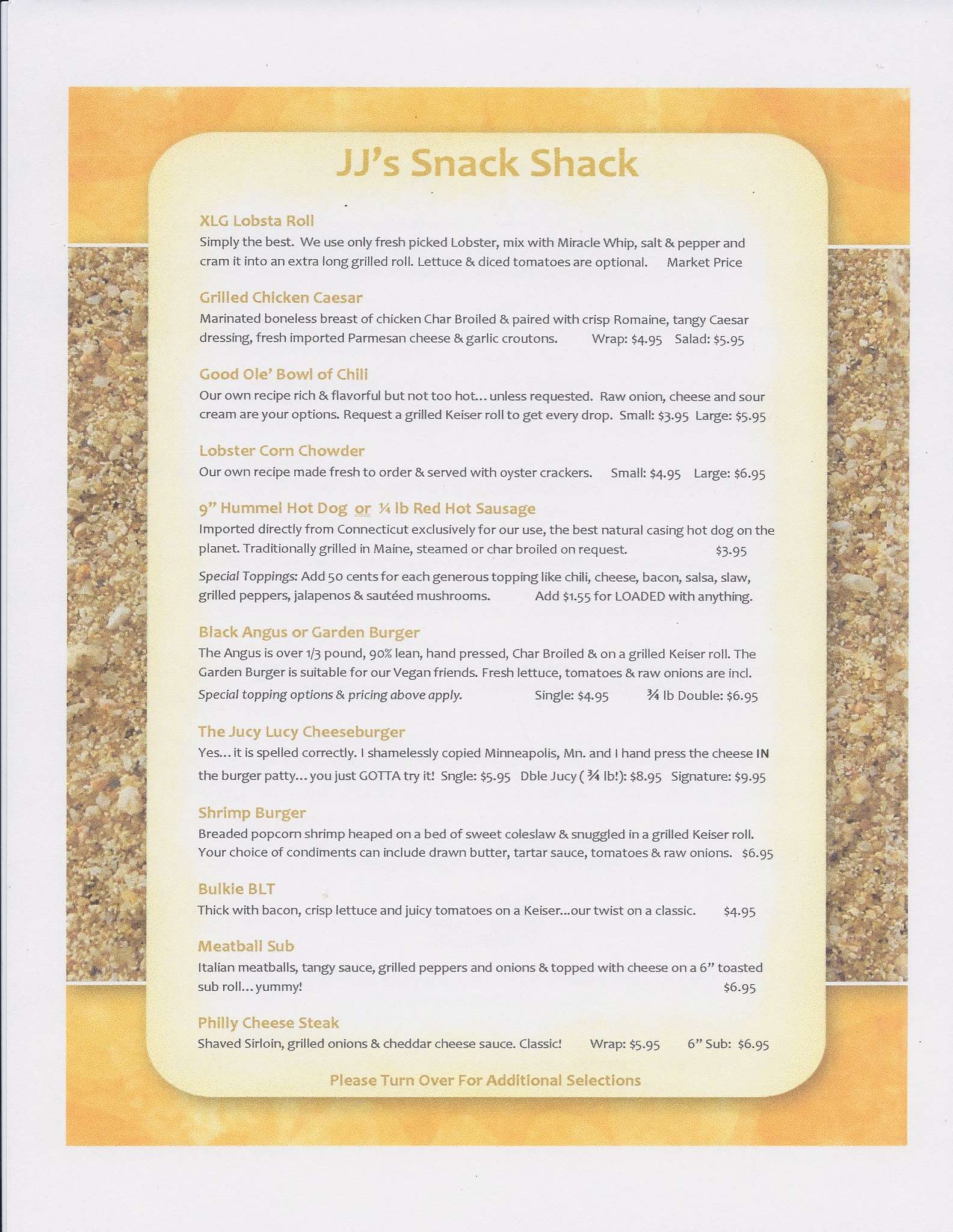 JJ's Snack Shack Menu, Menu for JJ's Snack Shack, Rockland, Rockland