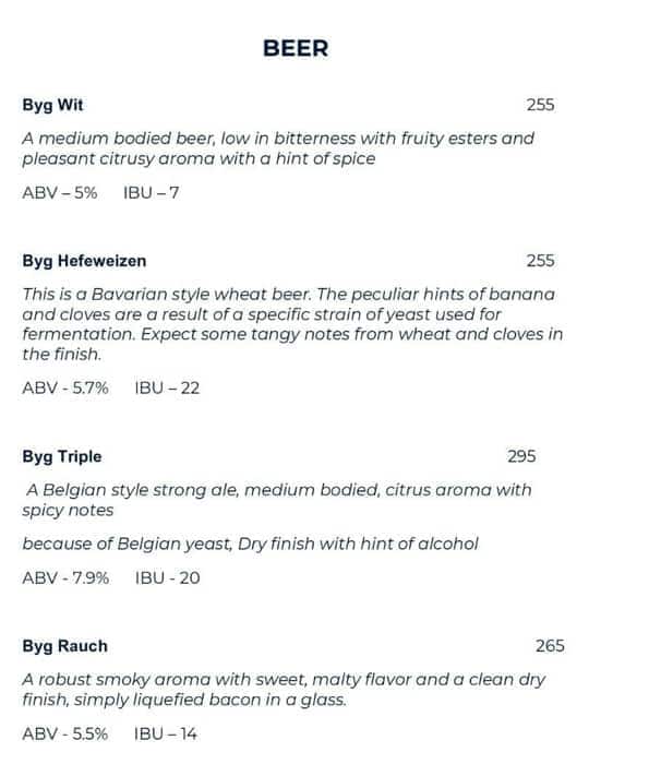 Byg Brewski Brewing Company menu