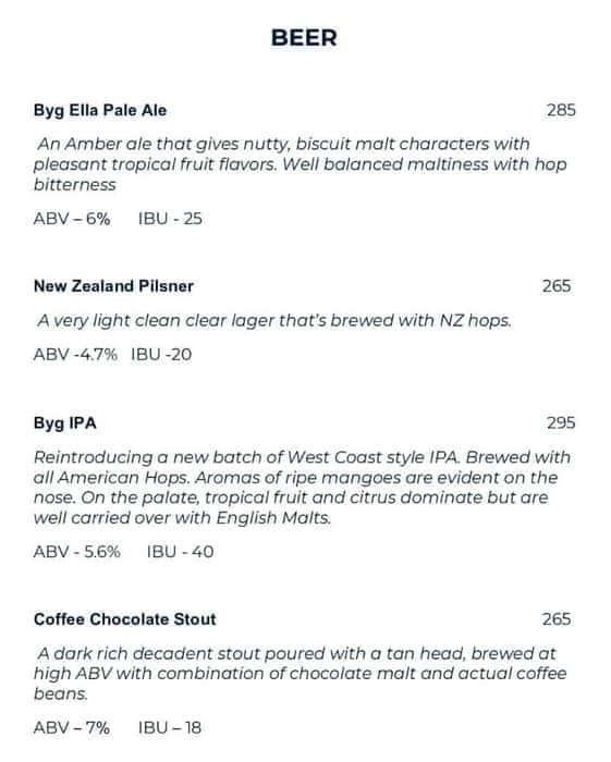 Byg Brewski Brewing Company menu