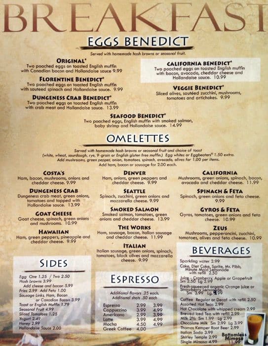 Costas Restaurant Menu For University Costas Restaurant Menu