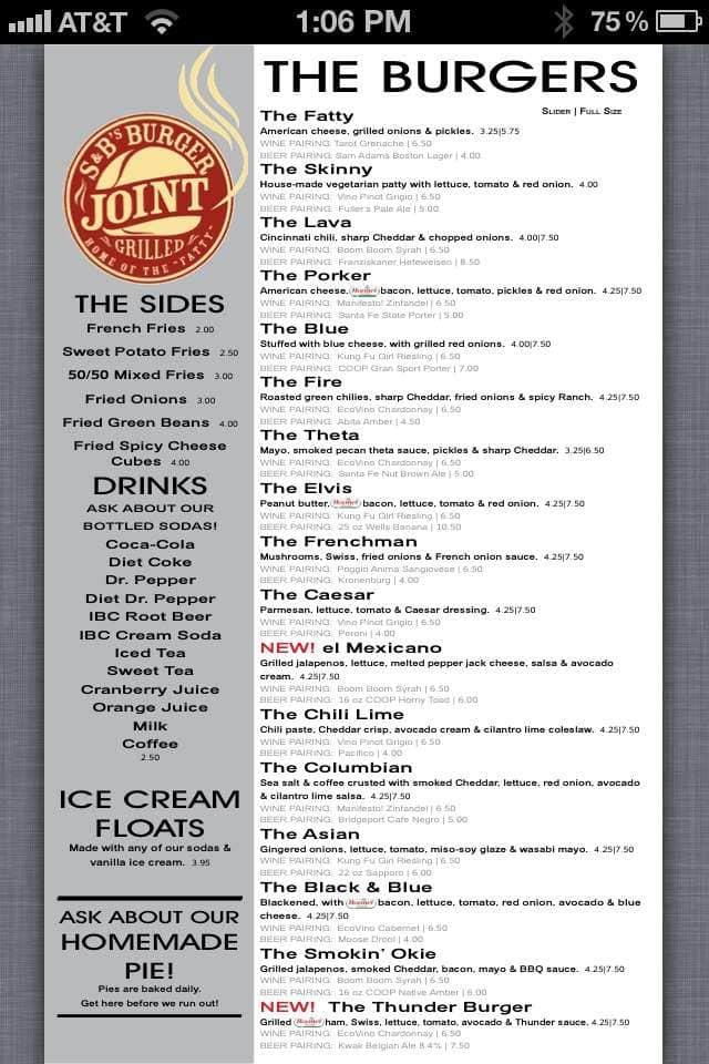 S & B's Burger Joint Menu - Urbanspoon/Zomato