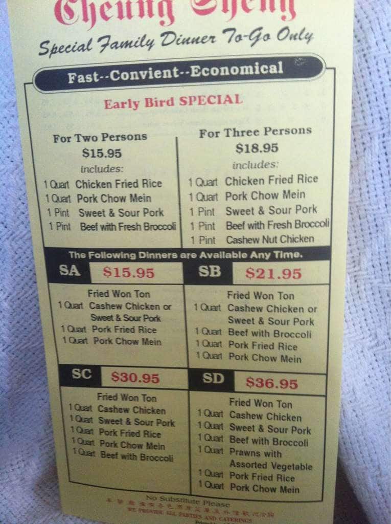 Menu at Cheung Sheng restaurant, Hollister