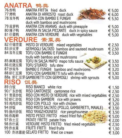 Menu di Gastronomia Cinese 