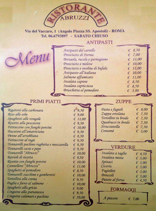 Menu at Ristorante Abruzzi, Rome