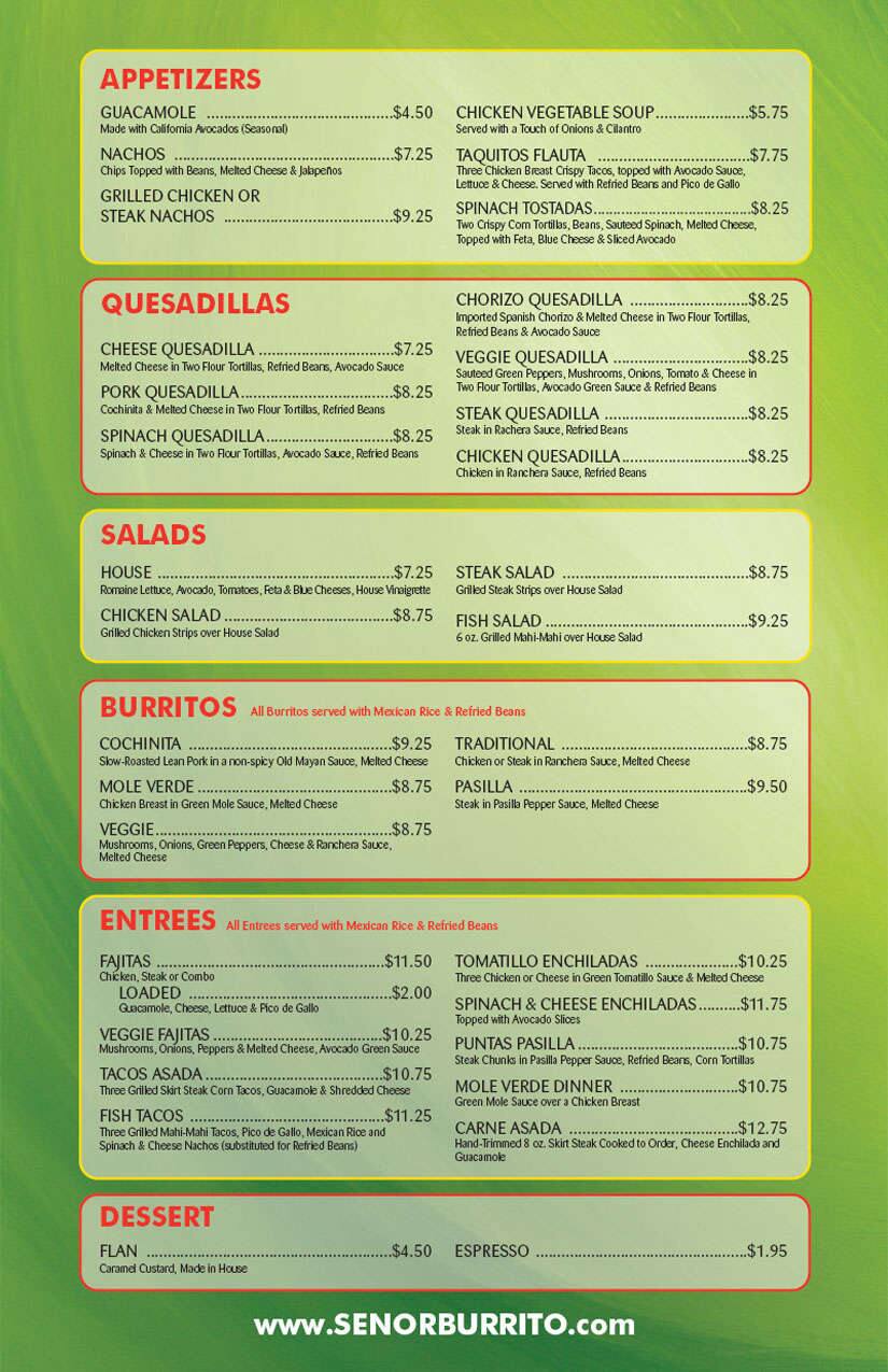 Señor Burrito Boca Raton menu