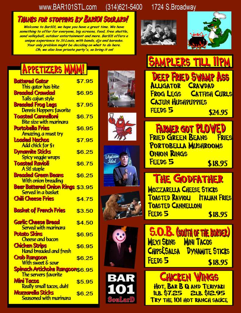 Bar 101 St. Louis Soulard Menu Urbanspoon/Zomato