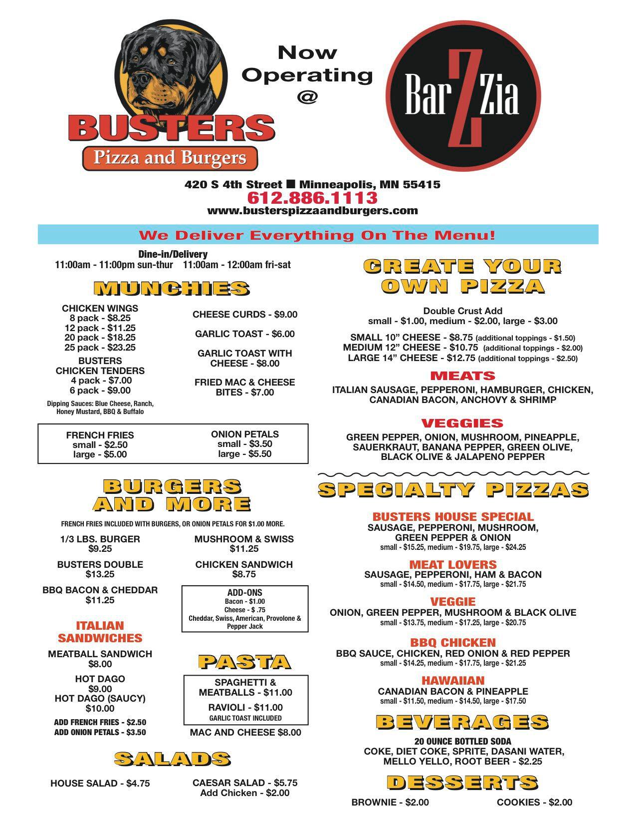 Busters Pizza & Burgers menu Urbanspoon/Zomato